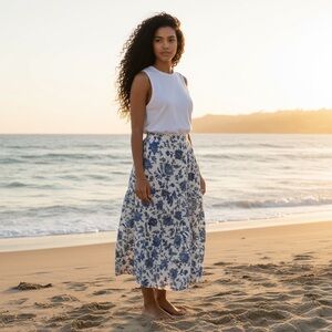 Nicole Miller Linen‎ Blend Floral Tiered Maxi Skirt Small Blue White Preppy Boho